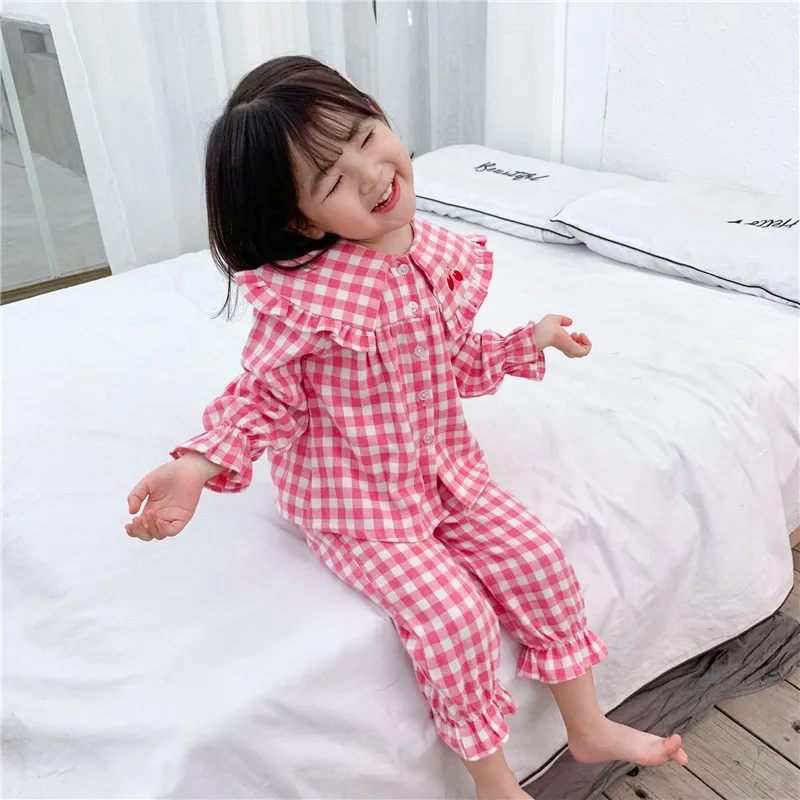 Осенне-зимний детский пижамный комплект из чистого хлопка в клетку для маленьких девочек, детские пижамы, пижамы с длинными рукавами для младенцев