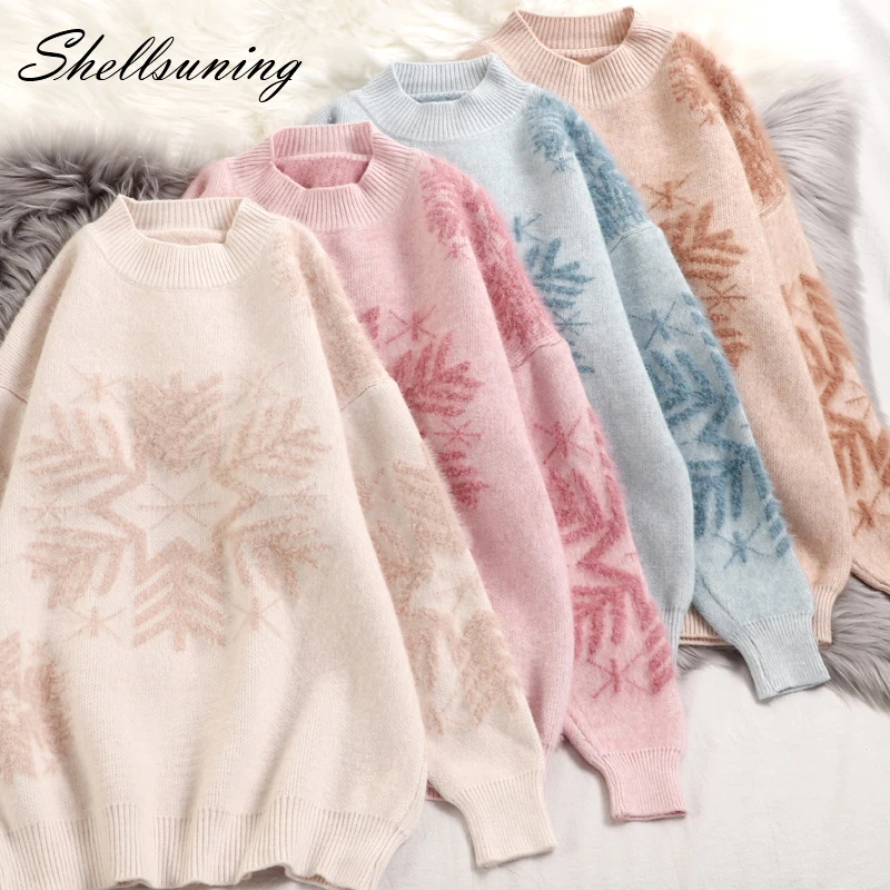 

Shellsuning Christmas Snowflake Mohair Sweater Women New 2019 Autumn WinterKorean Knit Loose O Neck Soft Pullover Tops Shirt