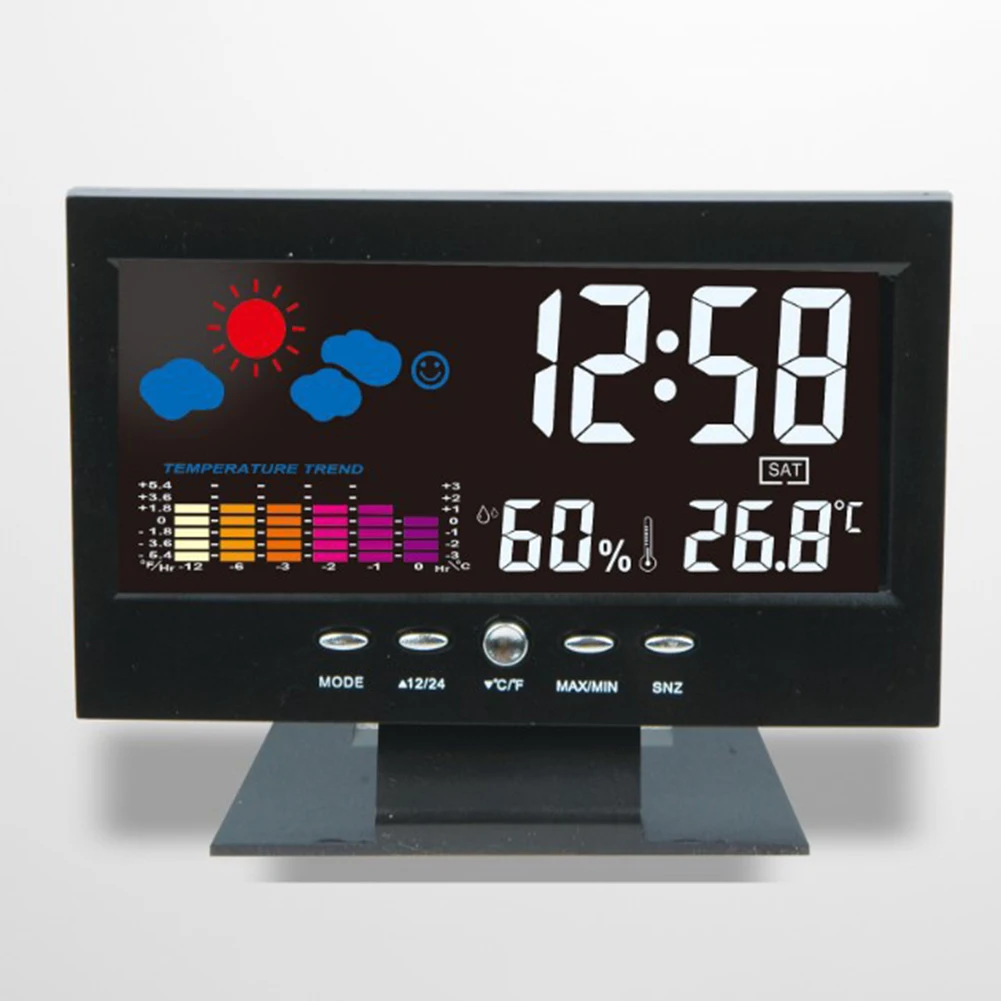Thermometer Alarm Clock LCD Color Screen Digital USB Temperature Humidity Time Date Display Snooze Wake Up Table Alarm Clock