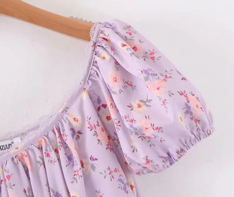 Bazaleas, модное праздничное винтажное Фиолетовое Женское платье с цветочным принтом, пышное женское платье миди с коротким рукавом