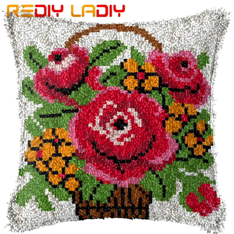 

Latch Hook Kit Make Your Own Cushion Basket of Rose Pre-Printed Canvas Crochet Pillow Case Latch Hook Cushion Cover Arts & Craft