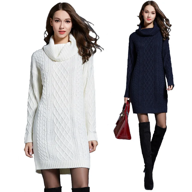 Baratos 2019 invierno Crochet suéter vestido de talla grande primavera mujeres de manga larga cuello alto negro tejido vestido de señora vestidos