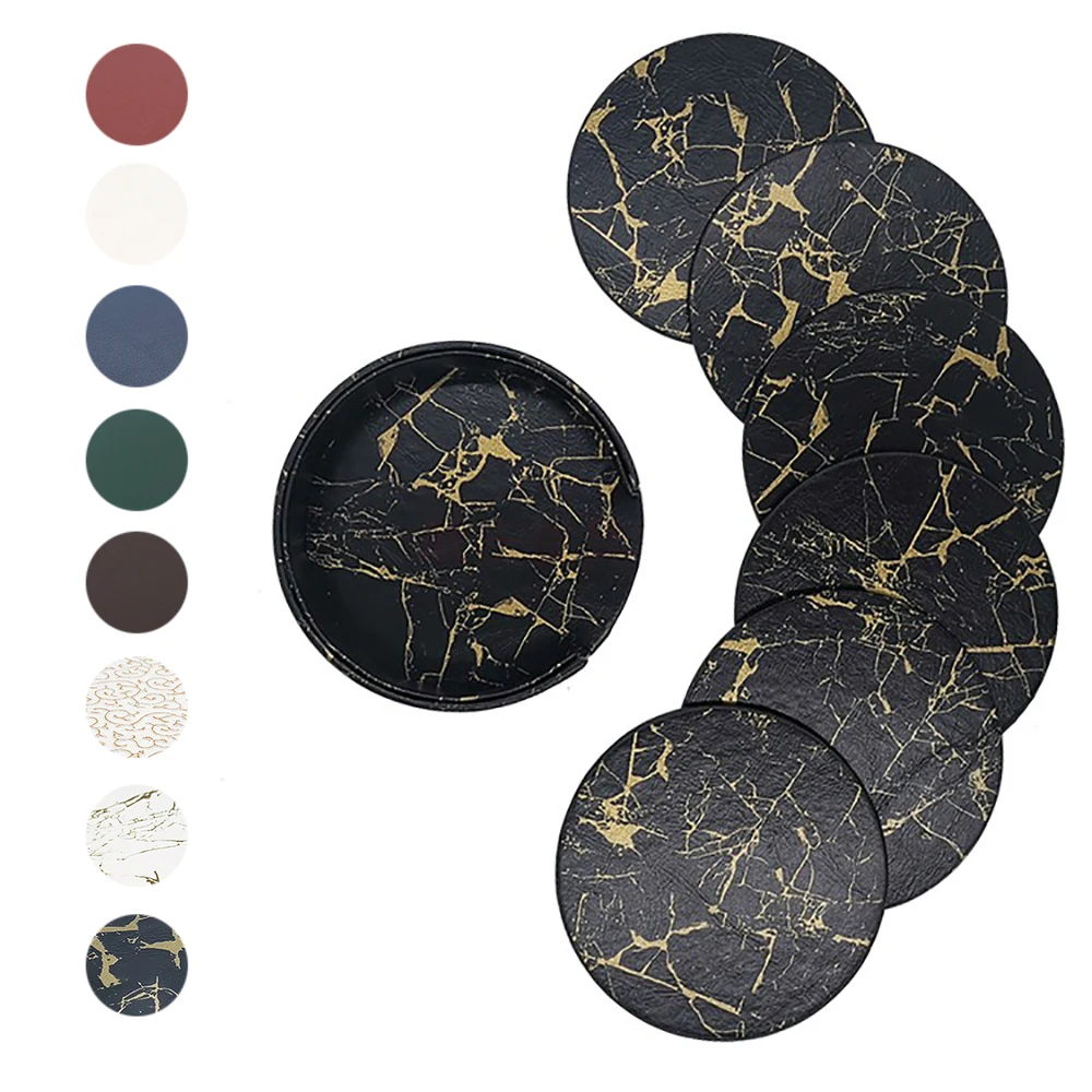 

6PCS Hot Sale PU Leather Marble Coaster Drink Coffee Cup Mat Easy to Clean Placemats Round Tea Pad Table Pad Holder