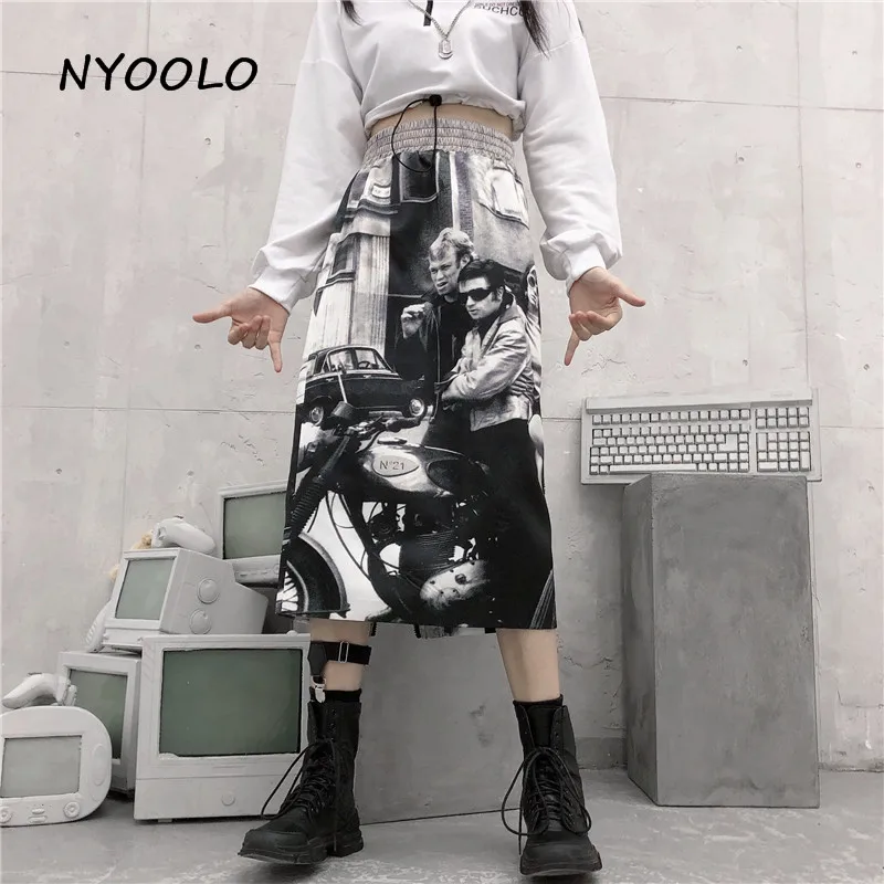 

NYOOLO Vintage Image print high waist Motorcycle skirt Autumn streetwear Package hip split Elastic Waist Skirt women clothing