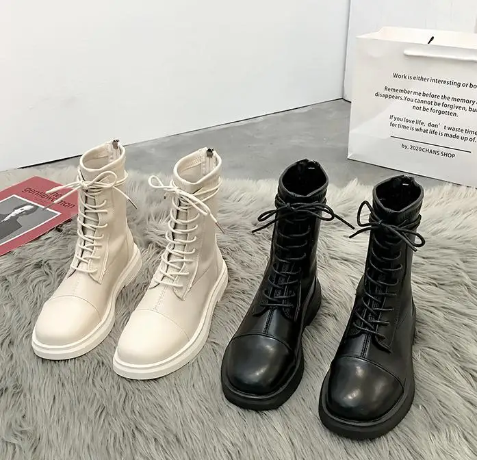 

Women Boots Ankle Shoes Autumn Winter PU Lace Up Low Heels Woman Fashion Sewing Pumps Ladies scooter boots M2-30