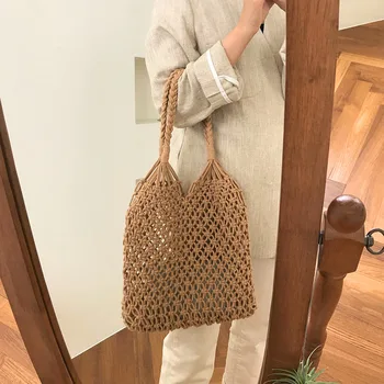 

Fashion Popular Mesh Fabric Bag Weaving Rope Tie Reticular Buckle Hollow Pouch No Net Lined Shoulder Bag For Women