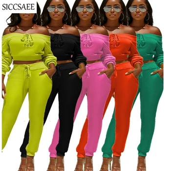 

Ribbons Lace Up Two Piece Set Women Sexy Casual Outfits Solid Color Off Shoulder Crop Top And Pants Sweat Suit Activewear Autumn