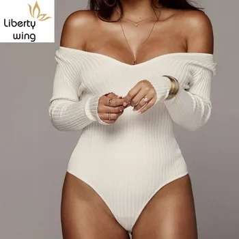 

2020 New Long Sleeve Off Shoulder Ribbed Knitted Sexy Bodysuit Women V Neck Autumn Slim Rompers Female Jumpsuit Winter Bodysuits
