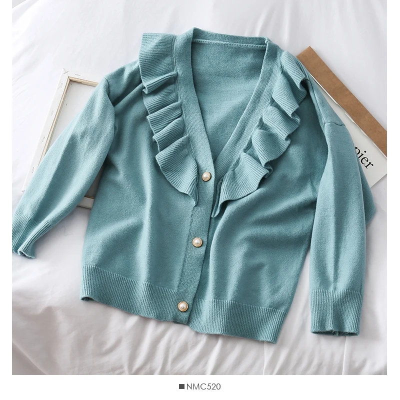 see chart Новинка, сказочный кардиган, свитер, вязаный женский осенний наряд, falbala brim, свободный, v-образный вырез, Джокер, маленькое пальто - Цвет: see chart