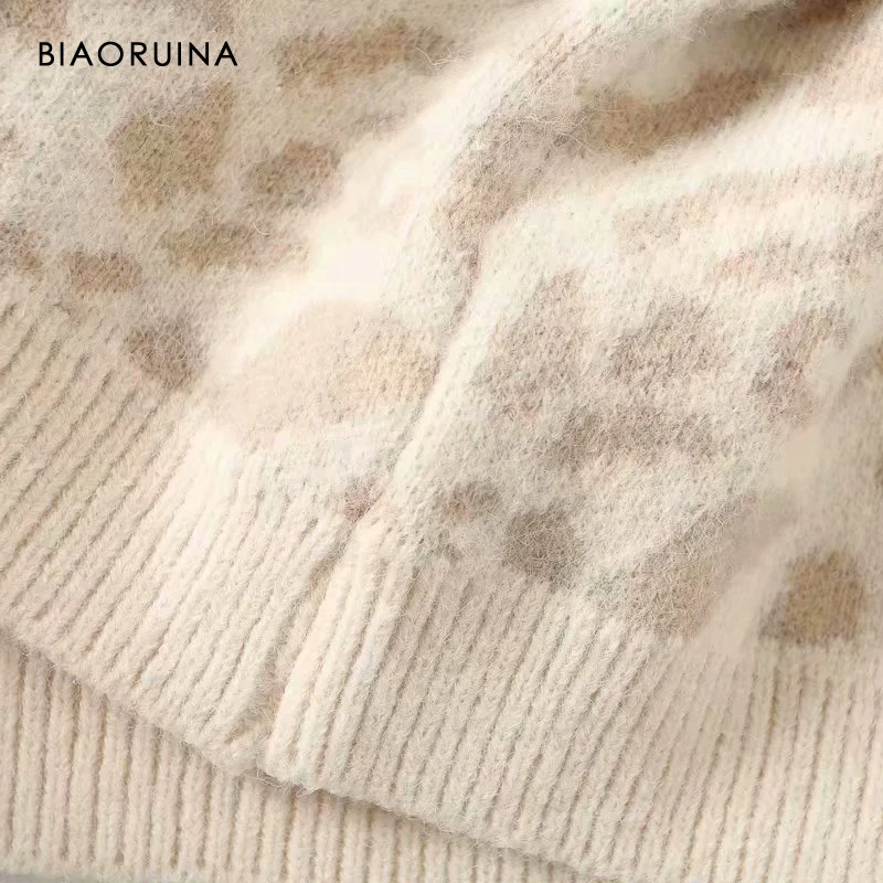 BIAORUINA женский модный Леопардовый вязаный свитер с круглым вырезом, Женский Повседневный теплый пуловер большого размера, милый толстый свитер