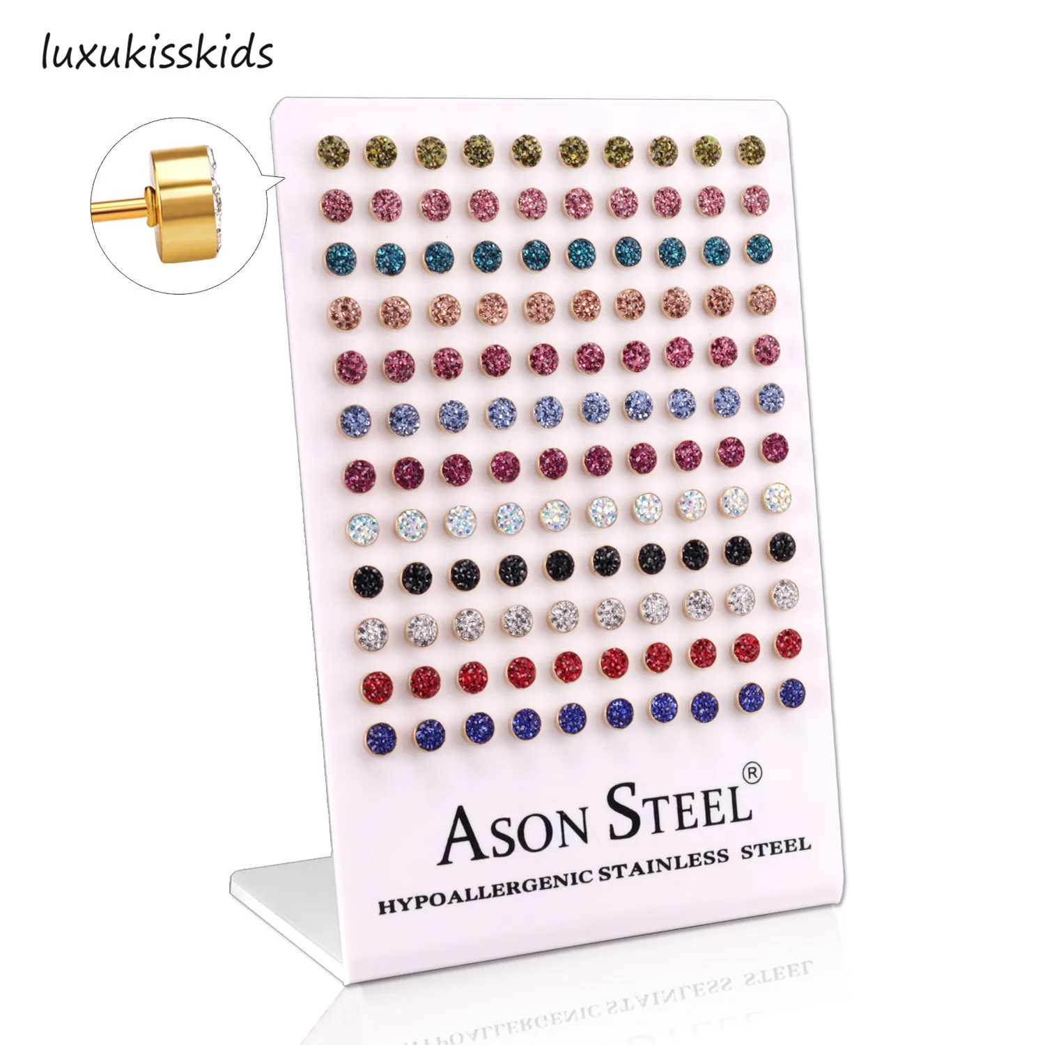 

LUXUKISSKIDS 60paris/lot Clay Zircon Round Small Stud Earrings Set Stainless Steel Screw Plug Earring For Women Kids Girl Men