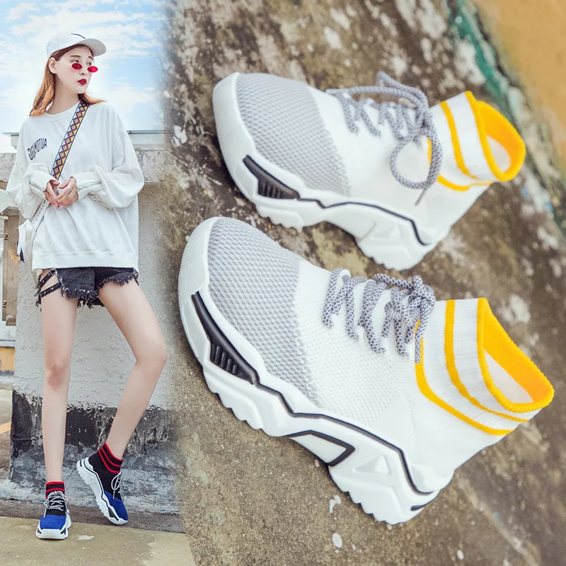

High quality color matching sneakers female 2019 breathable women's running shoes high-top sneakers elastic socks shoes ZQ-13