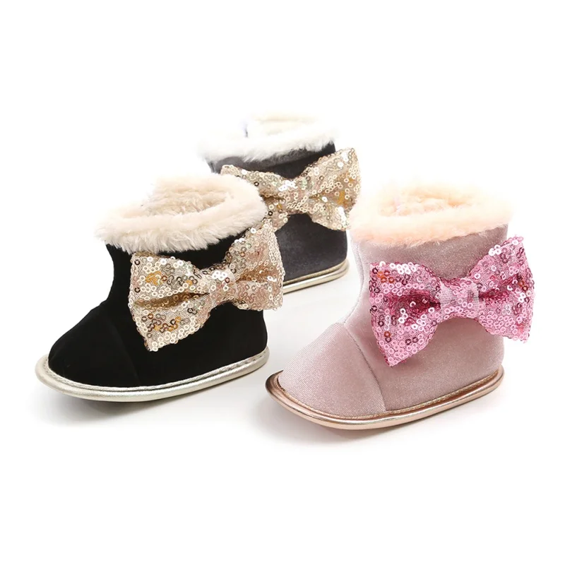 1Newborn Baby Girl Shoes Set 0-18M Infants Sequin Bow Princess Boots Shoes Headwear Headband Photography Props Set