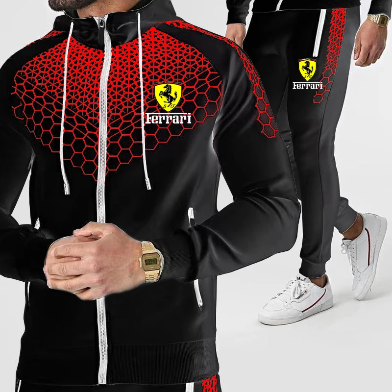 Conjunto ropa deportiva para hombre, chándal de empalme con logotipo de Ferrari, sudaderas con cremallera y pantalones, piezas|Conjuntos para hombres| -