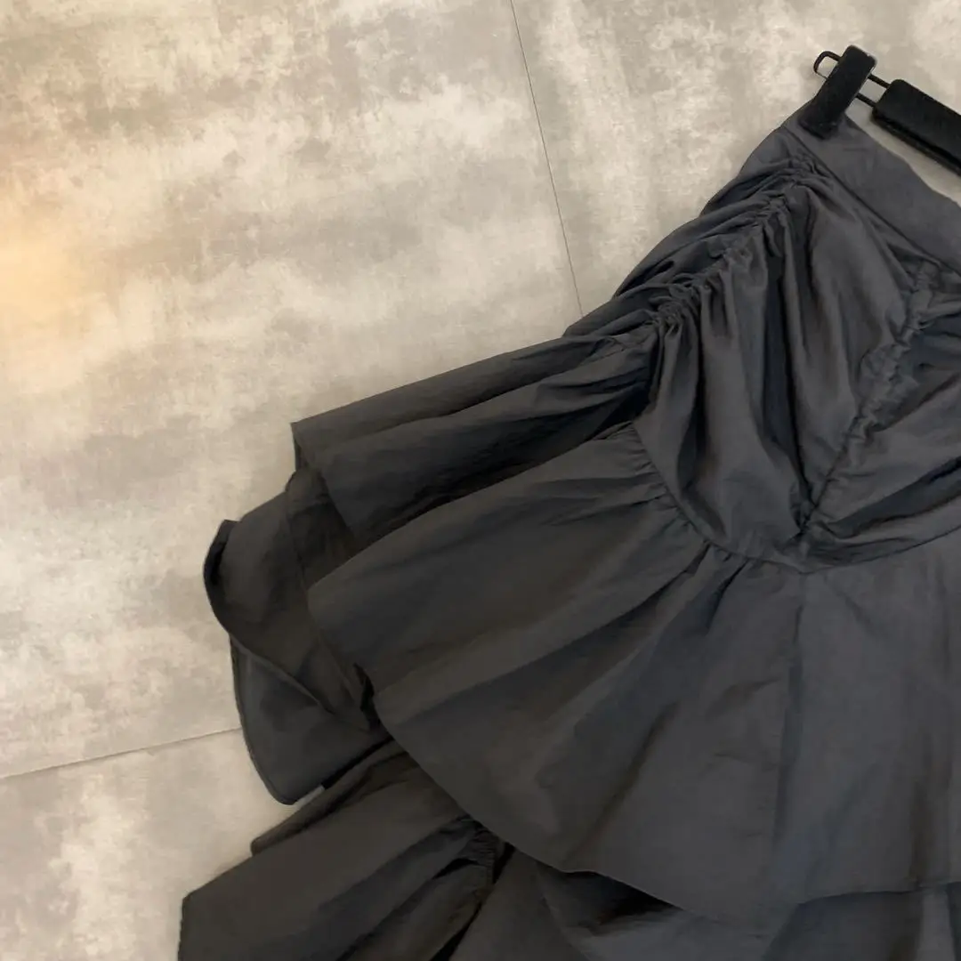 DEAT Spring Summer High Waist Elastic Ruffles Pleated Black Long Skirt Women MF901