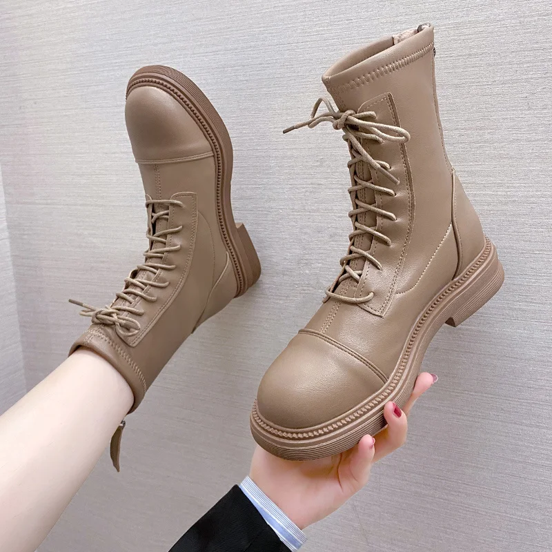 

2022 Women Genuine Leather Motorcycle Boots Platform Flat Round Toe Shoes Cow Leather Zipper Lady Ankle Boots Autumn Winter