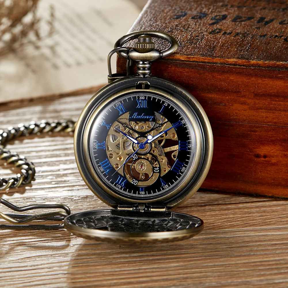 Hand-WInd Mechanical Pocket Watch Vintage Hollow Blue Moon Star Steampunk Skeleton Watch Roman Numerals Clock With Fob Chain