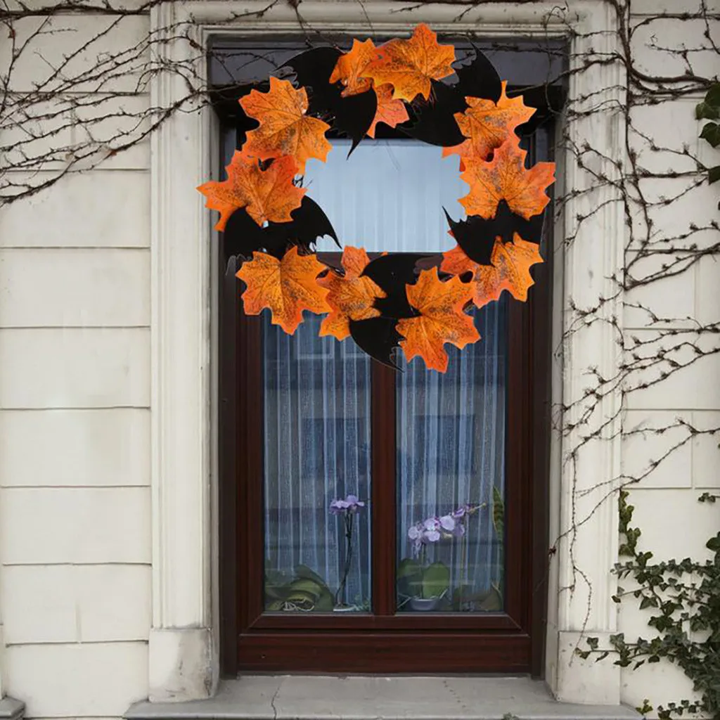 Halloween Decoration Bat Wreath Pendant Window Door Hanging Maple Leaf Wreath Party Festival DIY Decoration kwiaty sztuczne