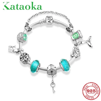 

New 925 Sterling Silver Charming Murano glass key with heart Blue pendants Bracelets Charms woman Bracelet Jewelry