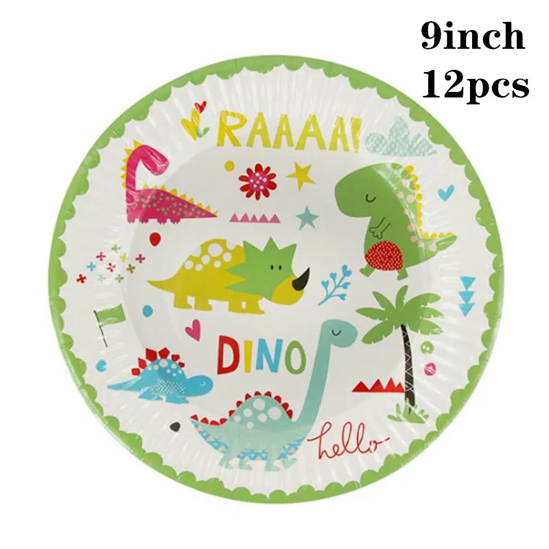 Мотив динозавра праздничный набор столовой посуды Одноразовая бумажная тарелка скатерть торт Топпер с первого дня рождения товары для мальчиков - Цвет: plates 12pcs