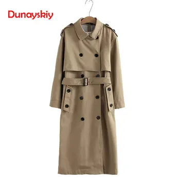 

Women Autumn Top Casual Solid Color Double Breasted Outwear Sashes Office Coat Chic Epaulet Design Long Trench