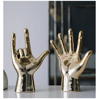 

Nordic Creative Gold Plating Finger Art Sculpture Abstract Gesture Statue Ceramics Crafts Living Room Decorations for Home R3519