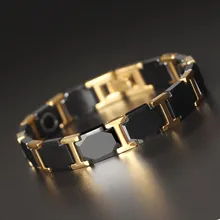 Роскошный мужской золотой браслет, здоровье, черный керамический био магнитный германий, браслеты для мужчин, ручная цепочка, звено из нержавеющей стали, ювелирные изделия
