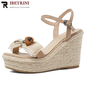 

RIBETRINI Women Genuine Leather Shoes Women Open Toe Flower Platform Wedges Sandals Solid Casual Office Sandals