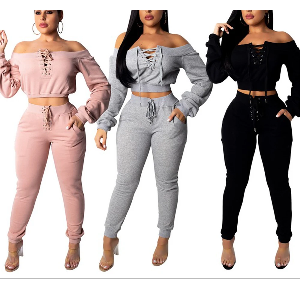 

Women Two Piece Set Long Sleeve Crop Top Pants Tracksuits 2 piece Outfits for Women Off Shoulder Bandage Casual Matching Sets