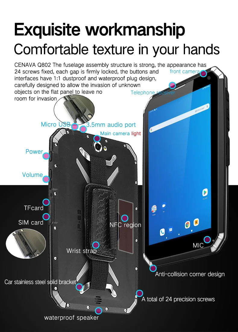 CENAVA-Q802 Android7.0 MTK6753 8 дюймов IP68CPU 4G, планшет, PC, 4 Гб оперативной памяти, 64 Гб встроенной памяти, 1920*1200 ips 8500 мА-ч