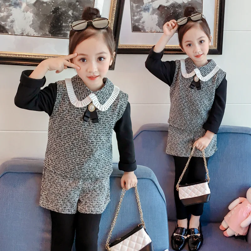 

W2019 Spring Korean-style New Style Fold-down Collar Woolen Sweater Short Skirt Trousers Mock Two-Piece Set Sweater Fashion G309