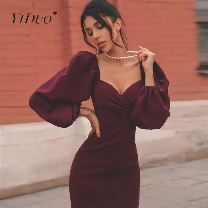 Женское офисное платье до колен YiDuo Осень зима 2019 женское сексуальное черное миди