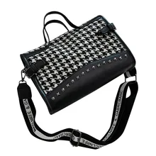 Модная дамская сумка в черно-белую клетку с рисунком «гусиная лапка», сумка через плечо, вместительная сумка с вставкой из шерсти, Повседневная трендовая сумка