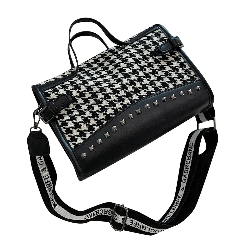 

Fashion Ladies Handbag Black And White Plaid Houndstooth Shoulder Messenger Bag Large-capacity Wool Handbag Casual Trend Bag