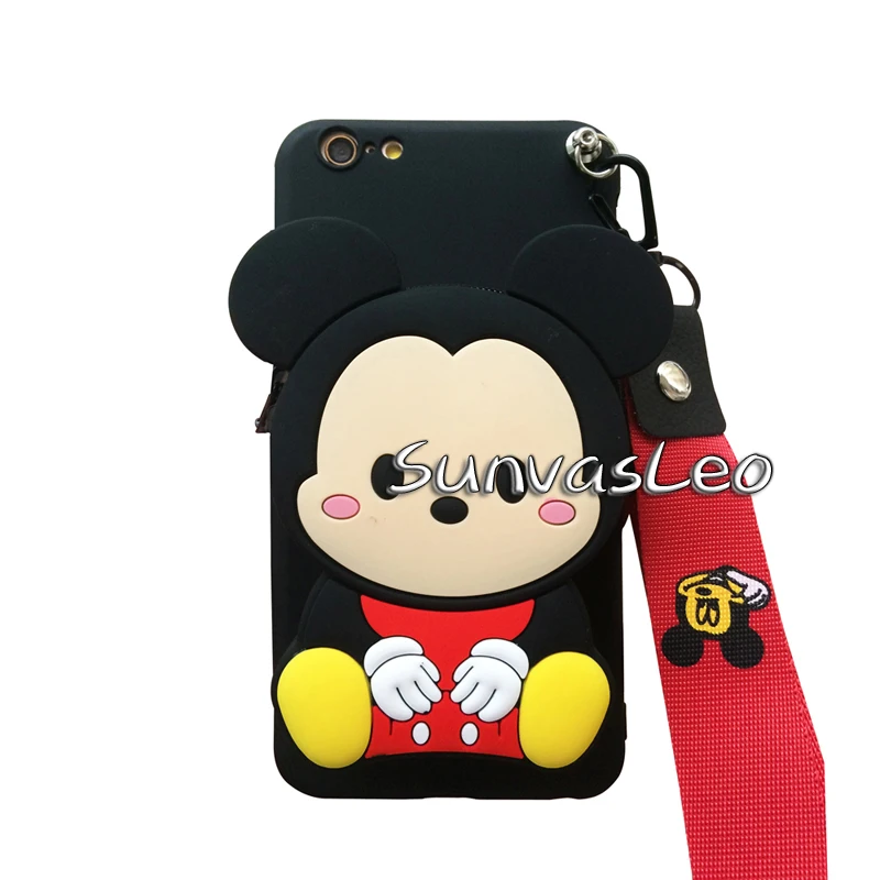 Black Mickey For Samsung Galaxy A10 A20 A30 A40 A50 A60 A70 A80 3D Purse Cartoon Animal Soft Silicone Case Wallet Phone Cover Strap Chain Bag - Цвет: Black Mickey