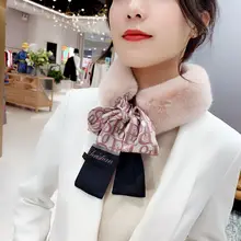 2021 New Long Skinny Silk Letter Leopard Printed Hair Head Scarf with Winter Warm Faux Fur Neck Collar Scarves for Women Foulard