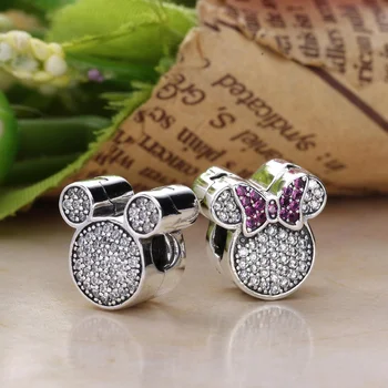 

New 925 Sterling Silver Inlay Mickey Minnie Portrait Clips Charm Buckle Beads Fit Original Pandora Bracelet Woman DIY Jewelry