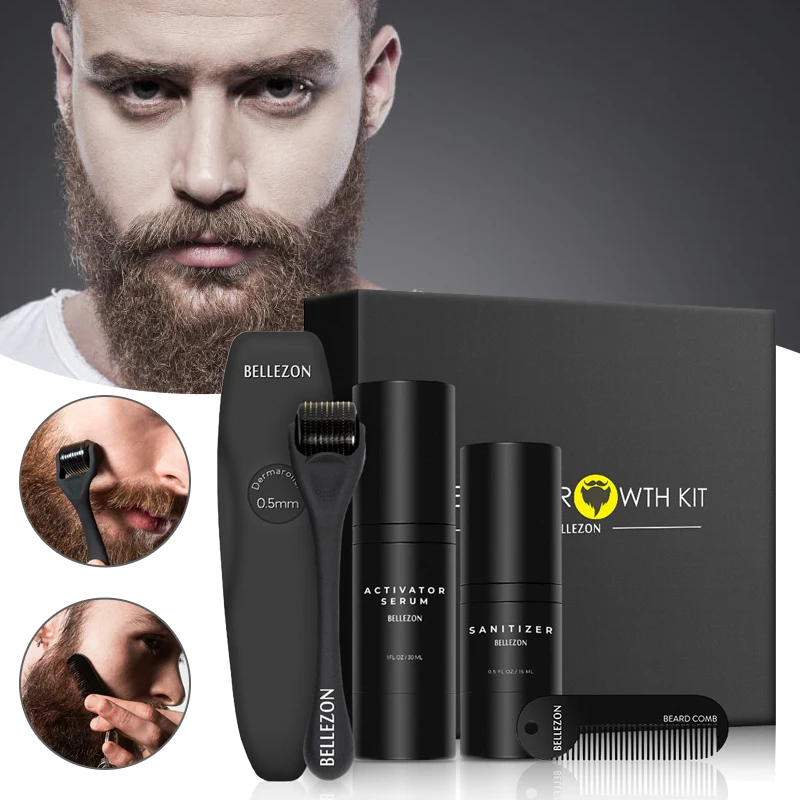 4 Pcs/Set Beard Growth Kit Men's Beard Growth Oil Nourishing Enhancer Beard Oil Beard Care With Comb Beard Roller Beard Oil