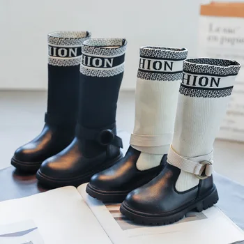 

Girls high boots 2020 autumn and winter new children's flying knit big children's casual leather boots student socks boots