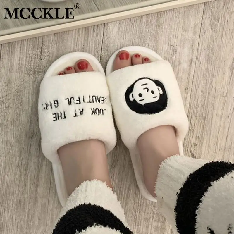 MCCKLE/женские домашние тапочки; обувь для влюбленных пар; теплые женские меховые плюшевые женские Зимние Повседневные тапочки с мягкой подошвой и открытым носком размера плюс