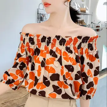 

2020 Korean Very Fairy Fresh Floral Women Chiffon Shirt Slash Neck Casual Print Short Sleeves Female Shirts Blusa Summer Blouses