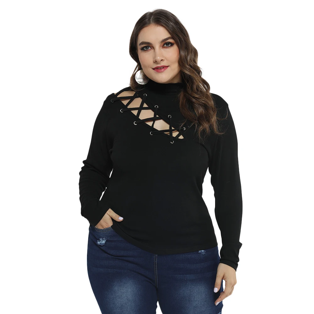

Plus Size Women Hollow Out Shirt Sexy Bandage Turtleneck Black Tops And Blouse Autumn Large Size Female Solid Tee Shirt 5XL D30