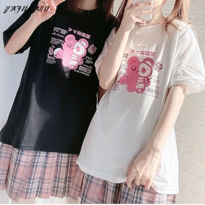 Gothic Graphic T Shirts Women Bear Print Japanese Style Alt Clothes Aesthetic Black Top Female Harajuku Tee Shirt | Женская одежда