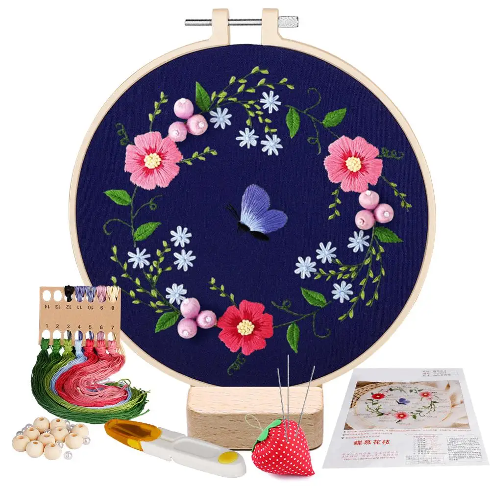 

Embroidery Starter Kit Floral Pattern Embroidery Clothes with Embroidery Hoops Scissors new