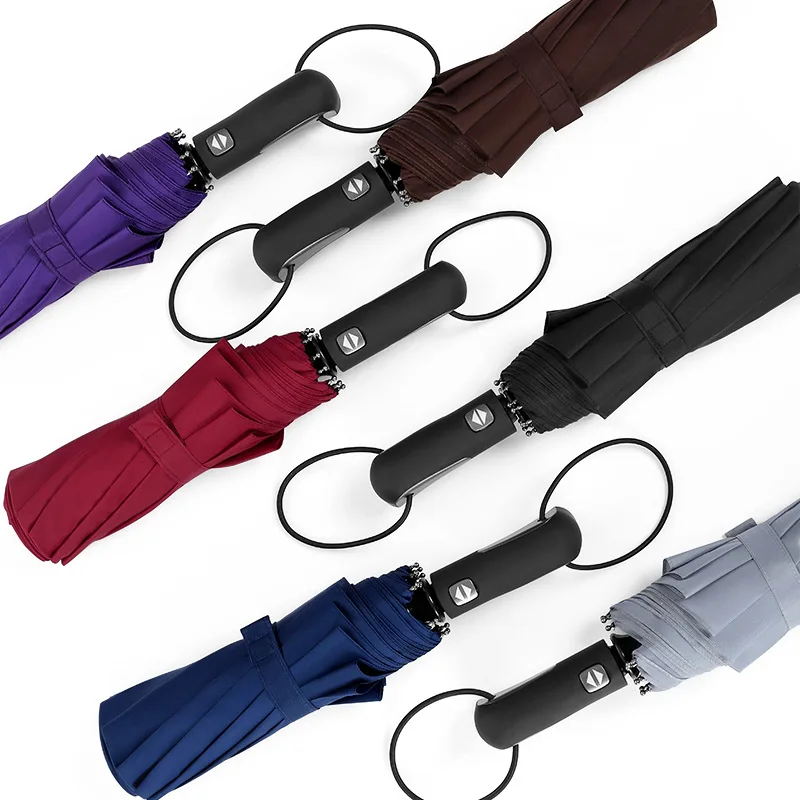 

Creative Fully Automatic Umbrella Wholesale 10 Bone Solid Color Three-fold Umbrella Double Extra-large Business Folding Umbrella
