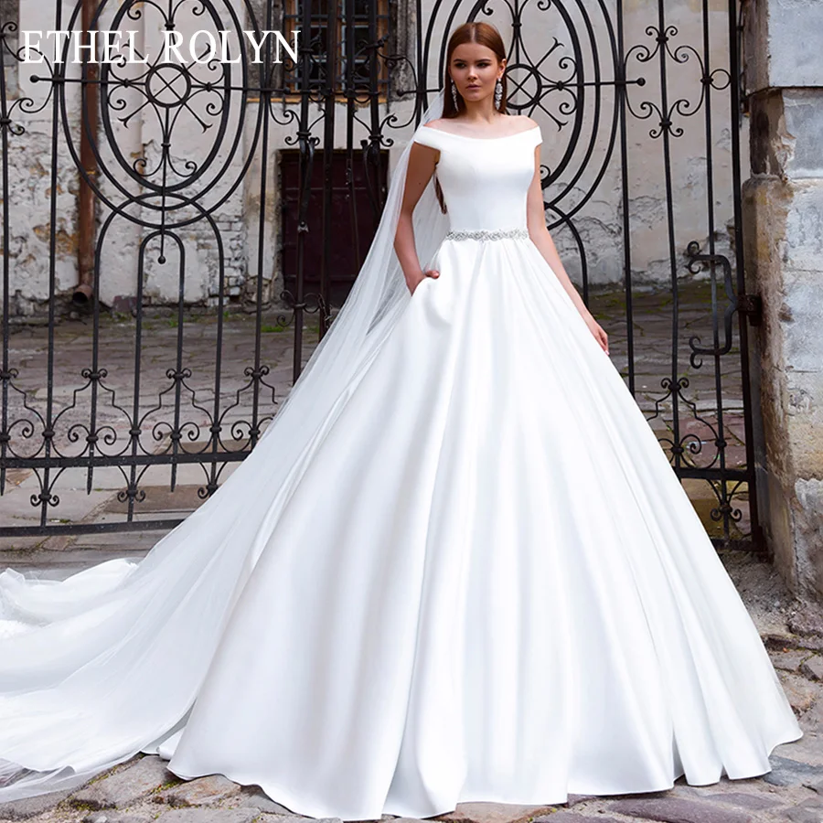 ETHEL ROLYN Satin A-Line Wedding Dress 2022 Elegant Boat Neck Crystal Sashes Button Princess Simple Bridal Gown Vestido De Noiva | Свадьбы и