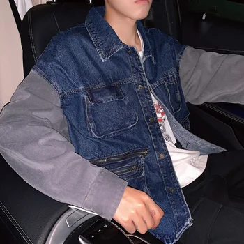 

Men's jacket new autumn 2019 long sleeve denim work wear patchwork jacket loose casual lapel personality young men's wear