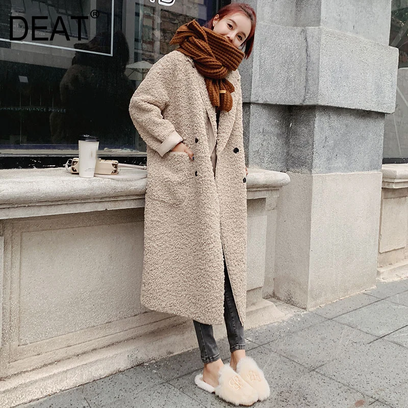 

[DEAT] Loose Fit Lambswool Solid Color Warm Woolen Coat Parkas New Hooded Long Sleeve Women Fashion Autumn Winter 2020 13E856