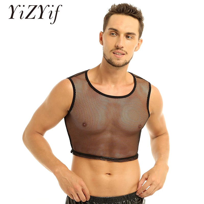 YiZYiF Mens See Through Fishnet Clubwear Short Sleeve T-Shirt Undershirt 