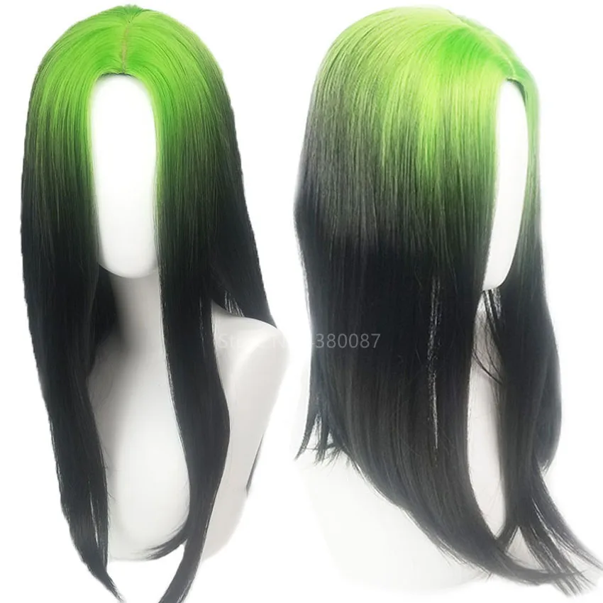 

Halloween Cosplayc Costume Women Men Anime Fashion Pop Singer Hip Hop Rapper Fluorescent Green Black Gradient Long Straight Wig